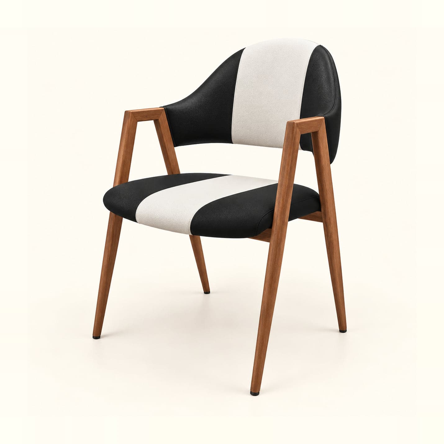 Two-Tone Armchair with Wood-Finish Frame in black and white upholstery, front three-quarter view