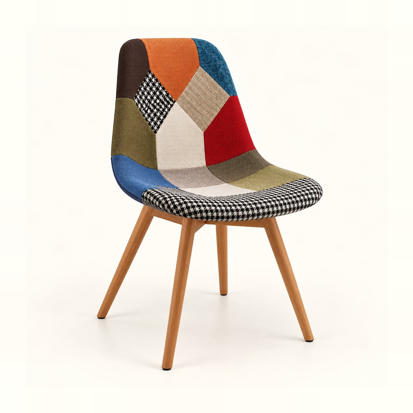 Patchwork Shell Chair, Wooden Legs in patchwork fabric, front three-quarter view
