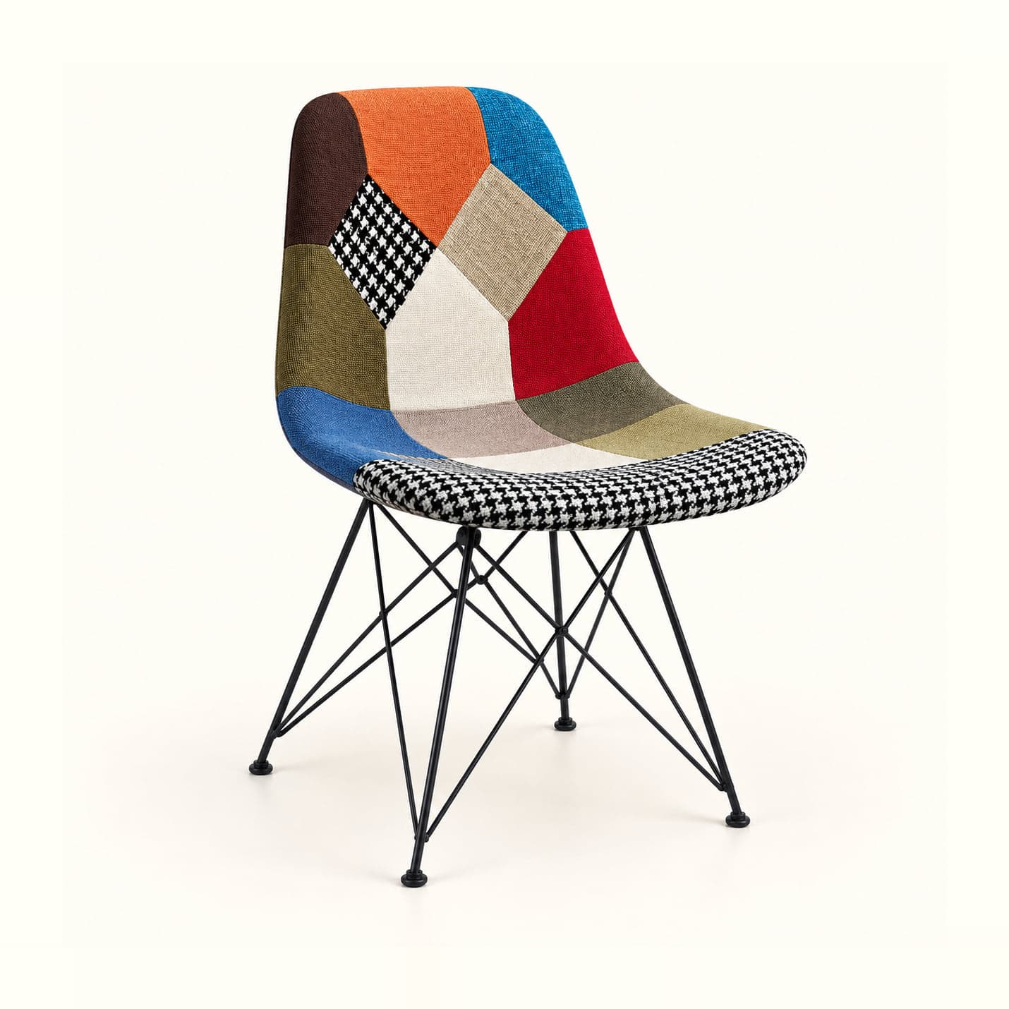 Patchwork Shell Chair, Wire Base in patchwork fabric, front three-quarter view