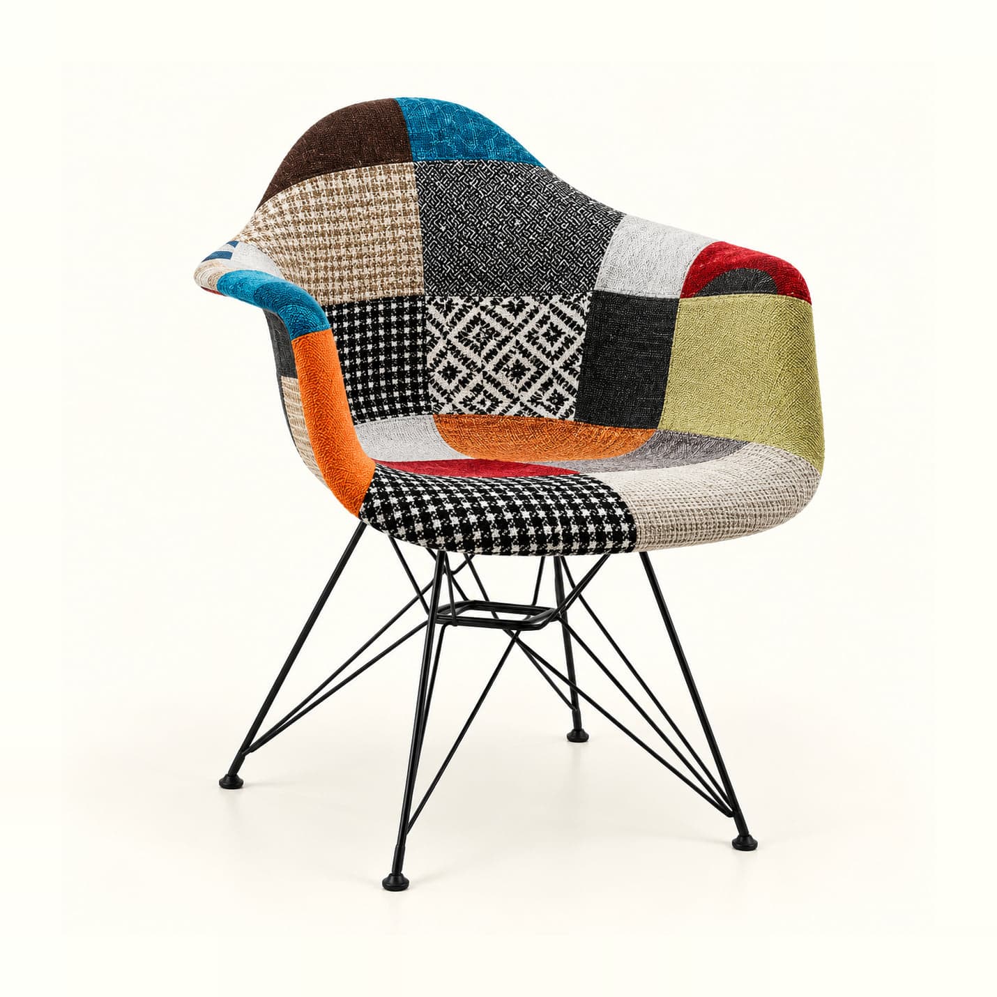 Patchwork Armchair, Wire Base in patchwork fabric, front three-quarter view