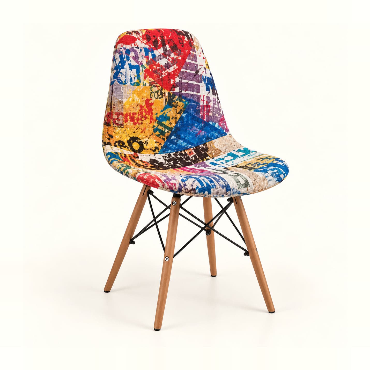 Graffiti-Print Shell Chair in graffiti-print fabric, front three-quarter view