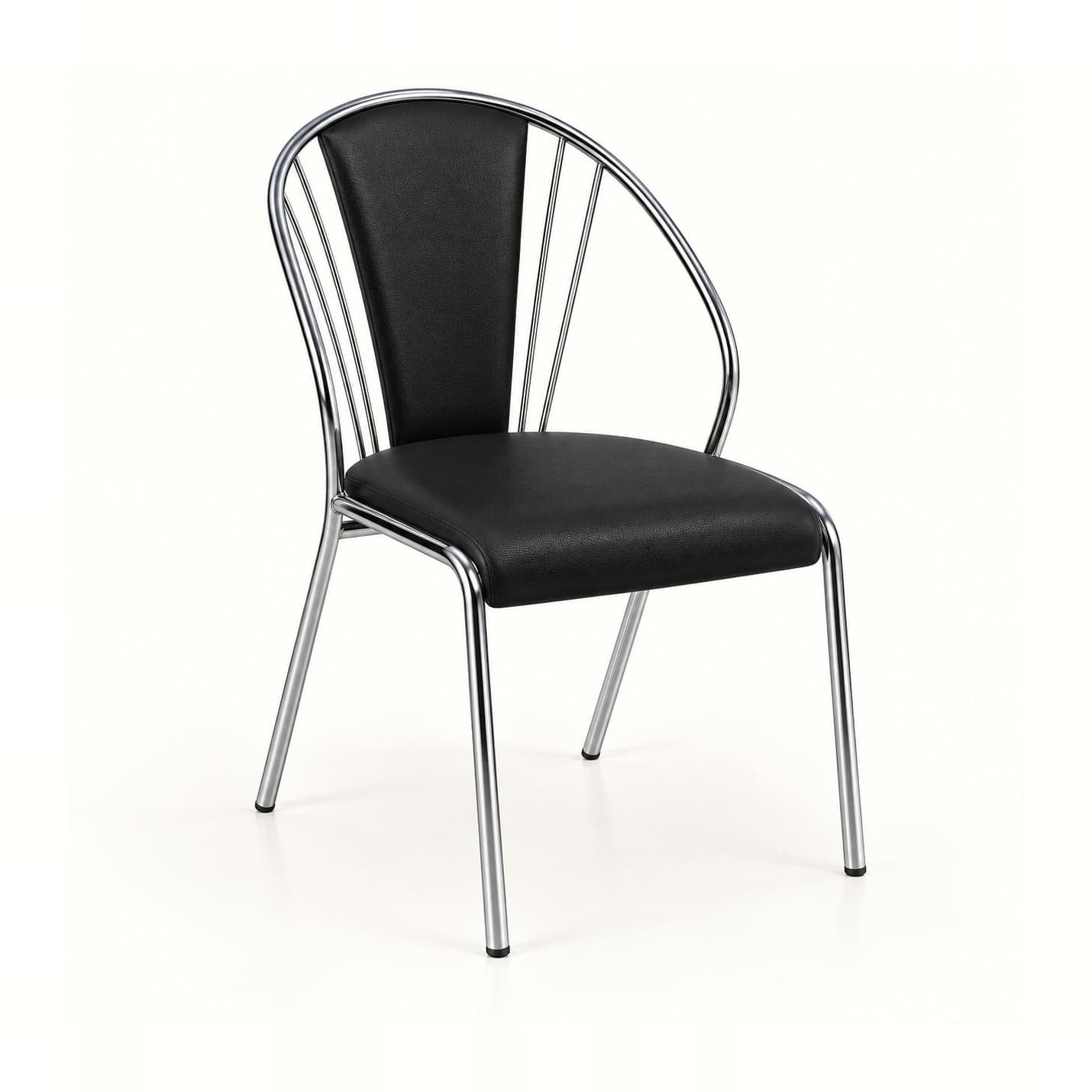 Spindle-Back Chrome Chair with Back Panel in chrome finish and black leatherette, front three-quarter view