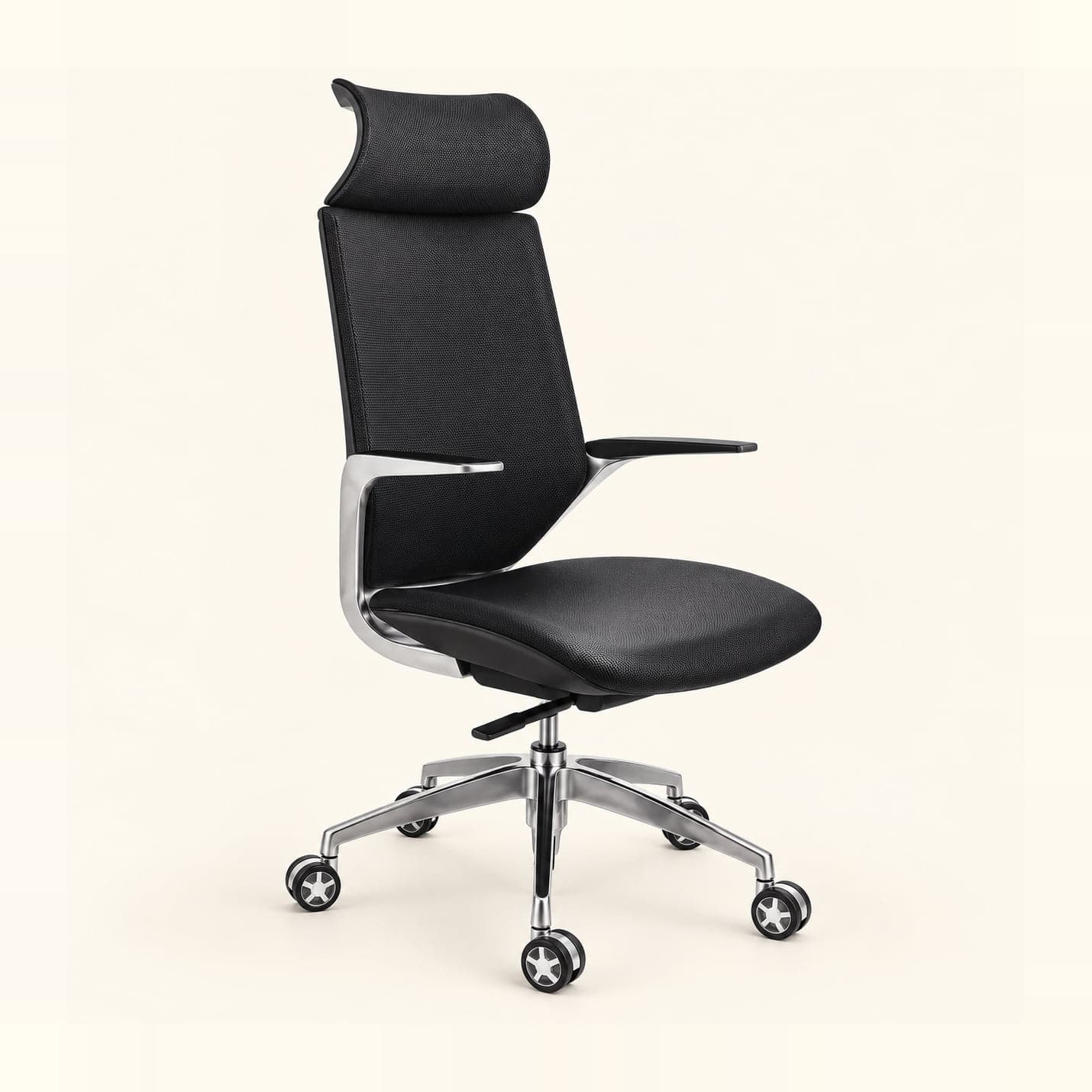 Aluminium-Frame Close-Weave Chair with Headrest in black close-weave fabric, front three-quarter view