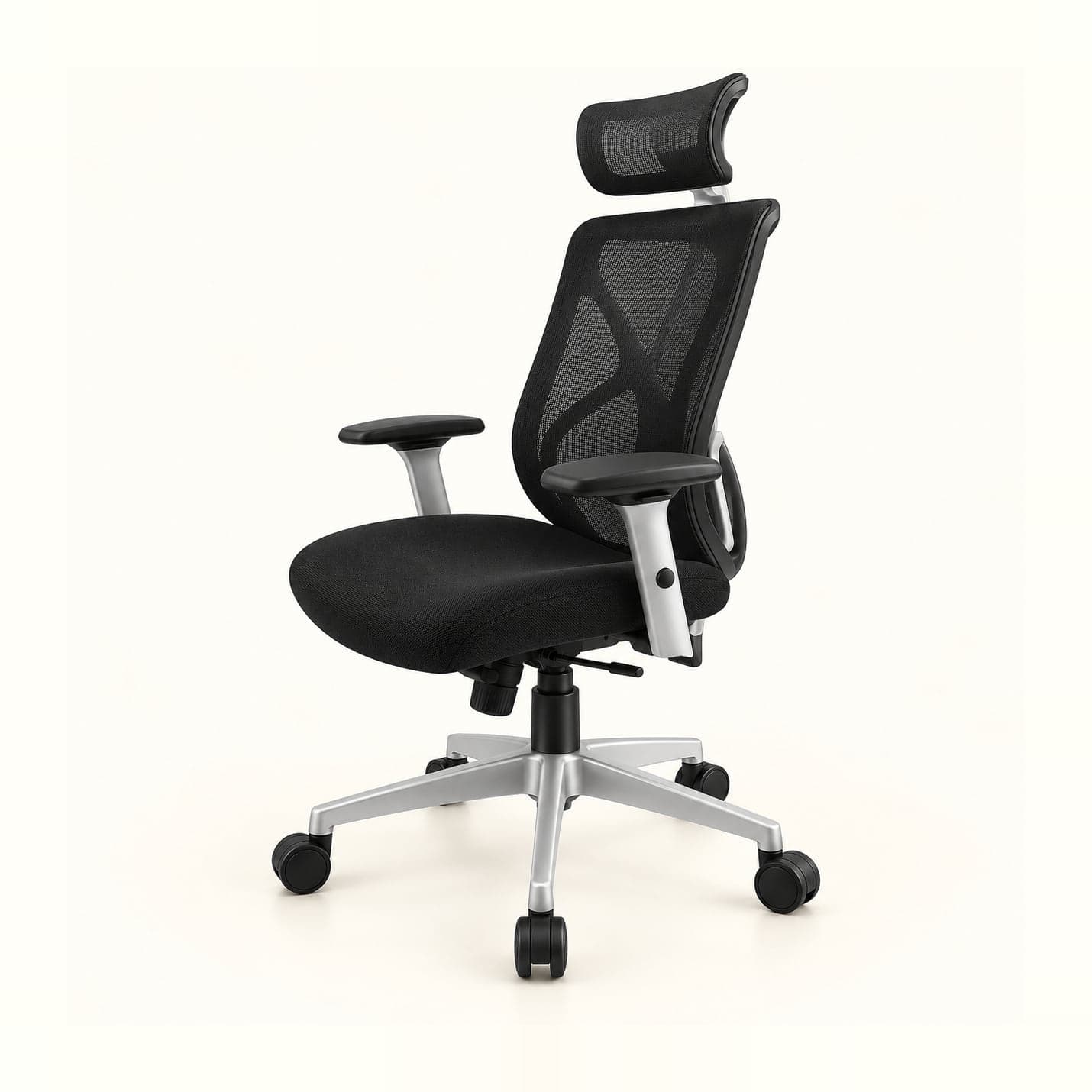 Sculpted-Spine Mesh Chair with Headrest in black mesh, front three-quarter view