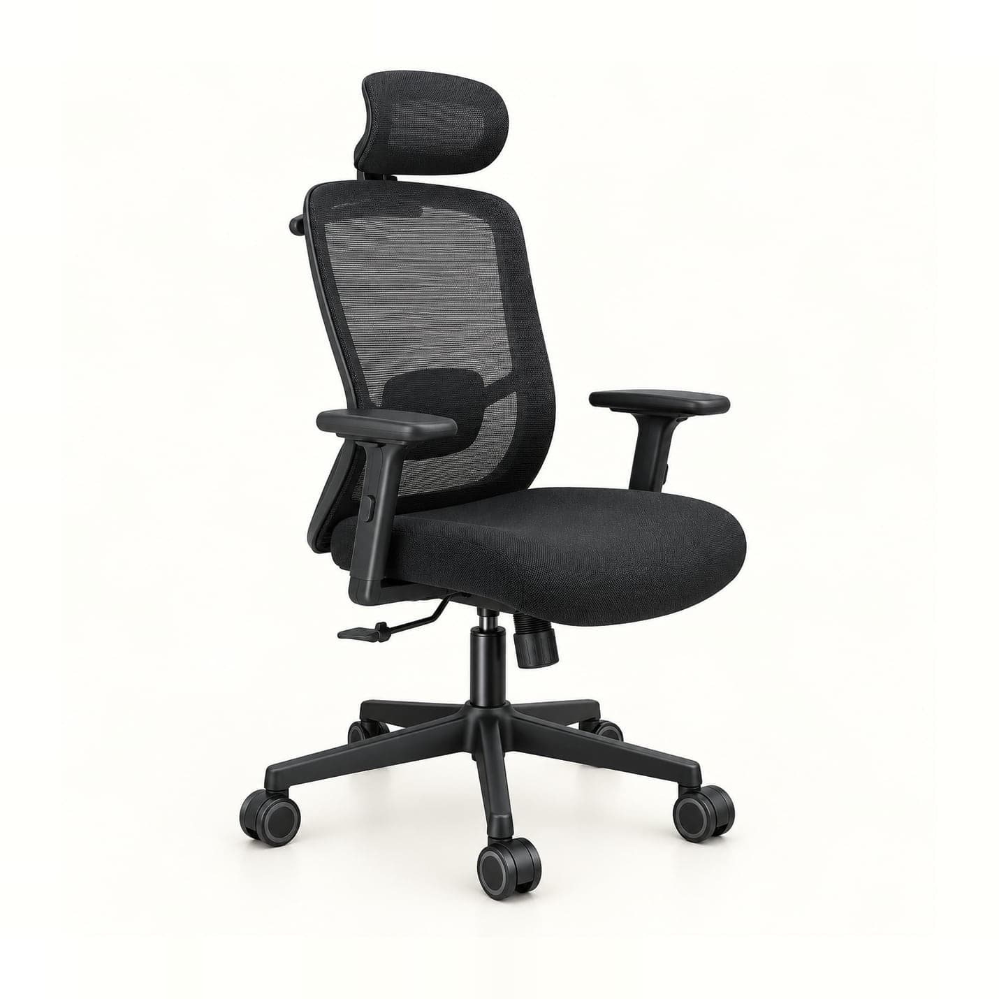 Lumbar-Pad Mesh Chair with Headrest in black mesh, front three-quarter view