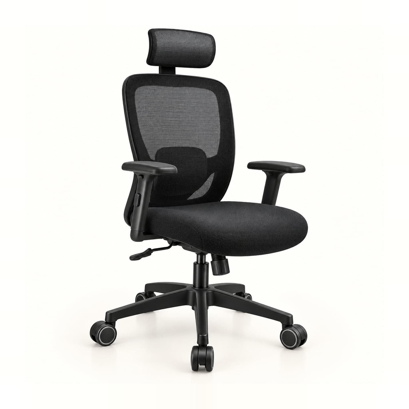 Loop-Frame Mesh Chair with Headrest in black mesh, front three-quarter view