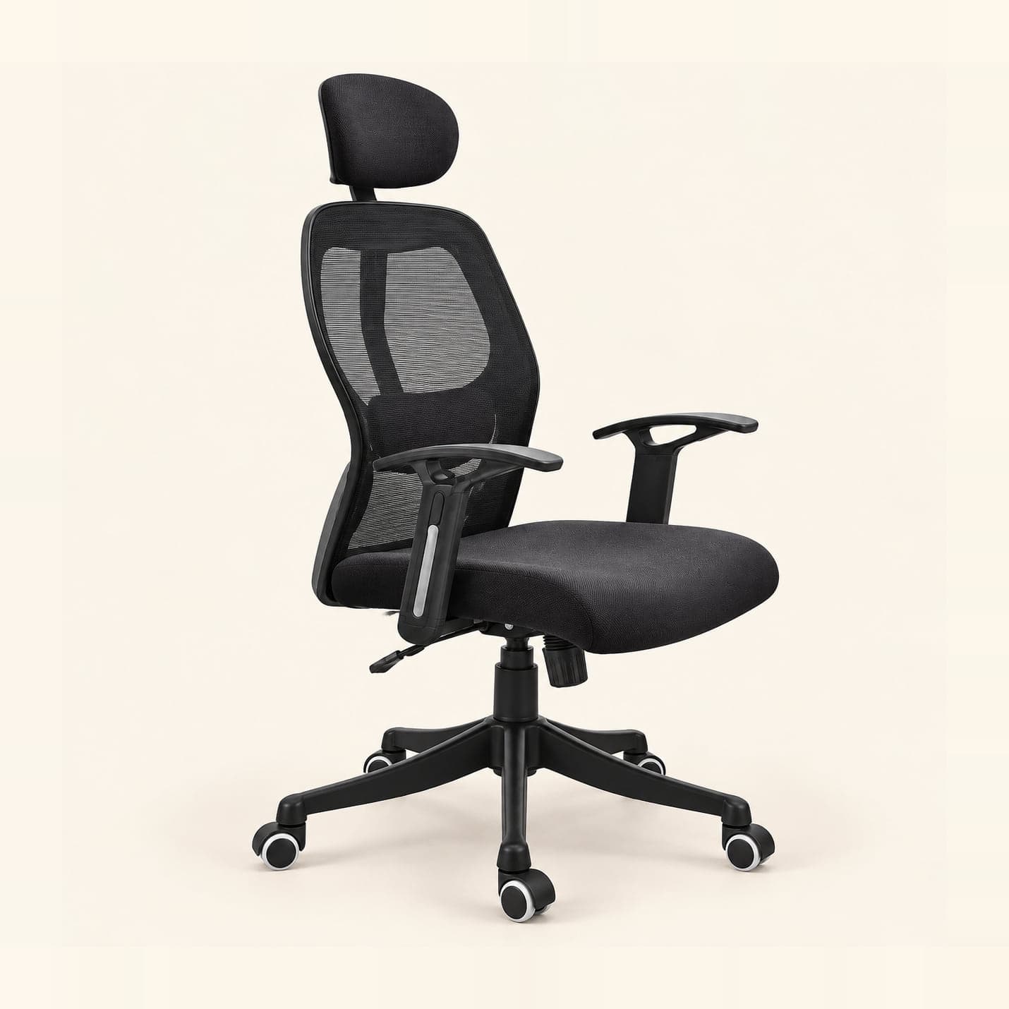 Lumbar-Dial Mesh Chair with Headrest in black mesh, front three-quarter view