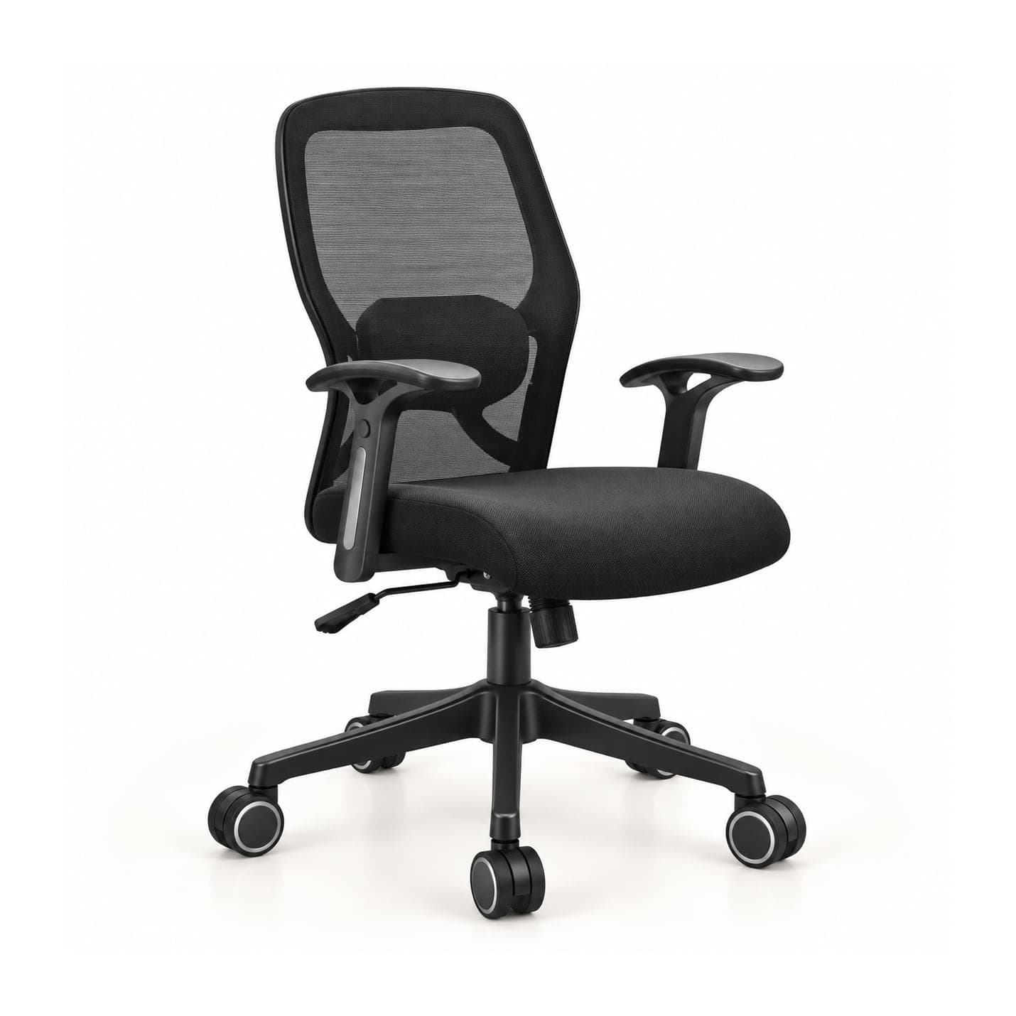 Lumbar-Dial Mesh Chair in black mesh, front three-quarter view
