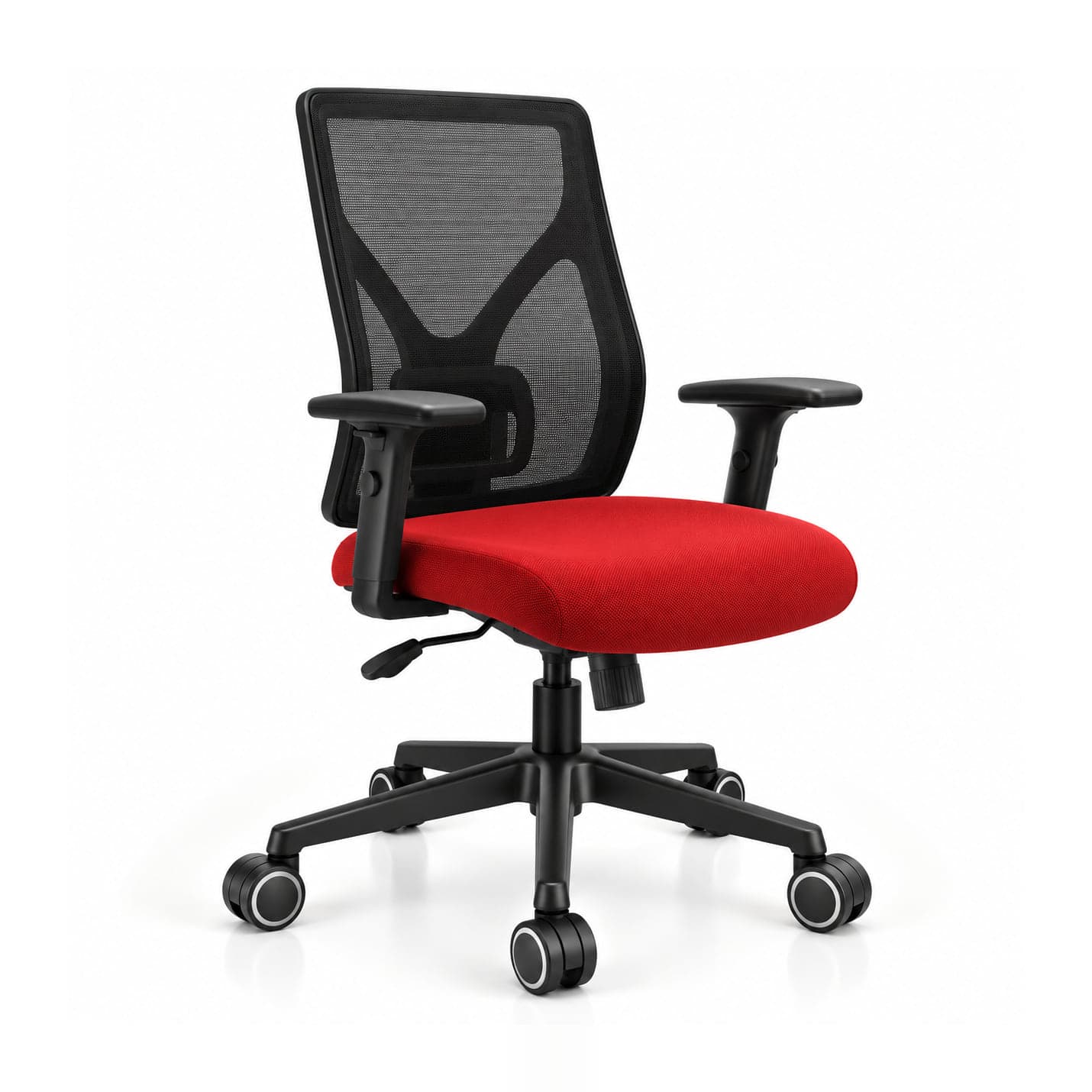 Y-Back Mesh Chair, Red Seat in black mesh with a red seat, front three-quarter view