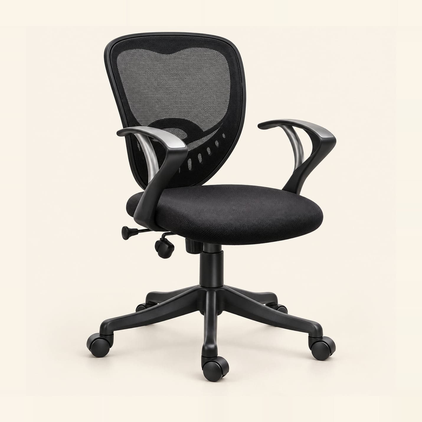 Shield-Back Mesh Chair in black mesh, front three-quarter view