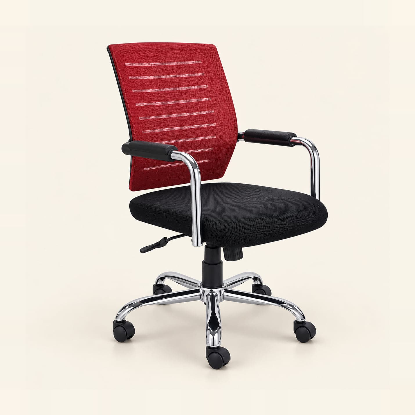 Striped Mesh Chair with Chrome Arms, Red in red mesh, front three-quarter view