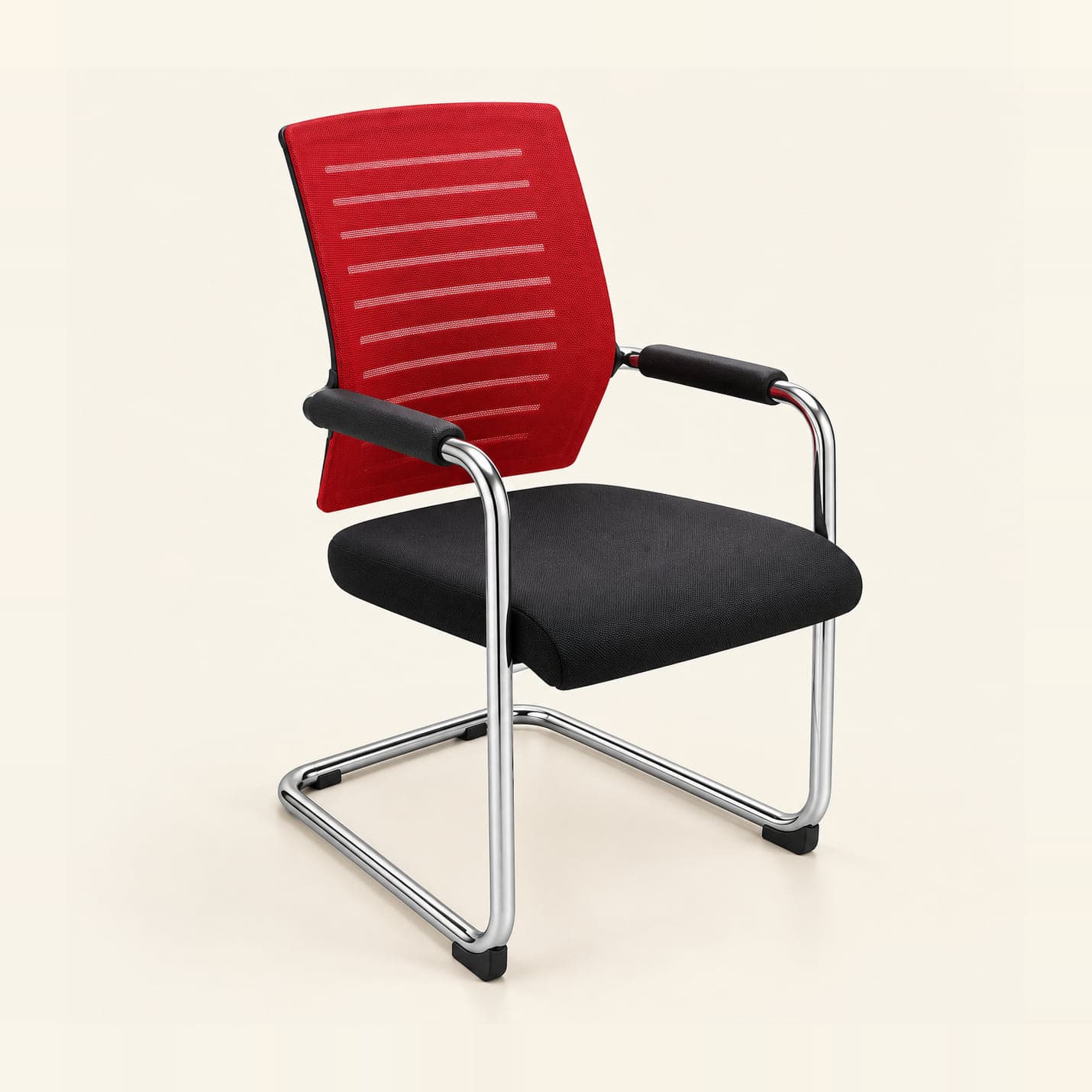 Striped Mesh Visitor Chair, Red in red mesh, front three-quarter view