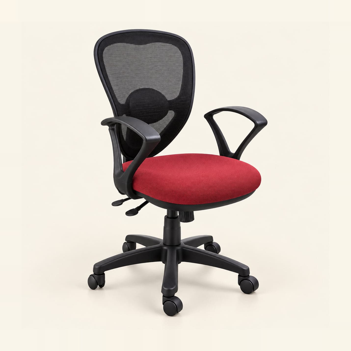 Shield-Back Mesh Chair, Red Seat in black mesh with a red seat, front three-quarter view