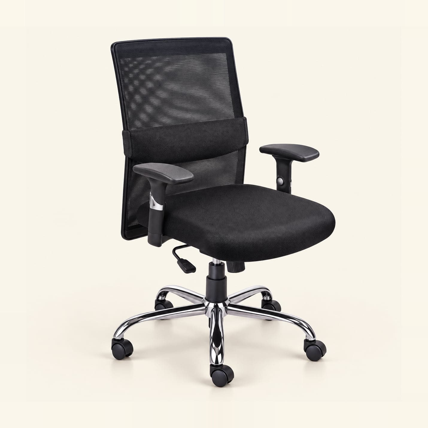Lumbar-Band Mesh Chair in black mesh, front three-quarter view